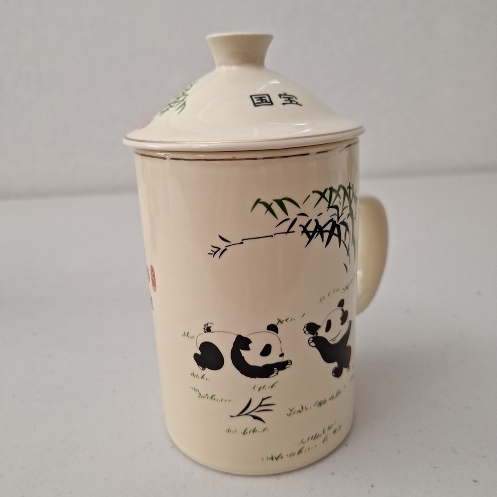 Vtg World Market 2pc Tea Mug W/ Lid Ceramic 5" Panda Bamboo Asia Coffee Cup - Picture 4 of 10